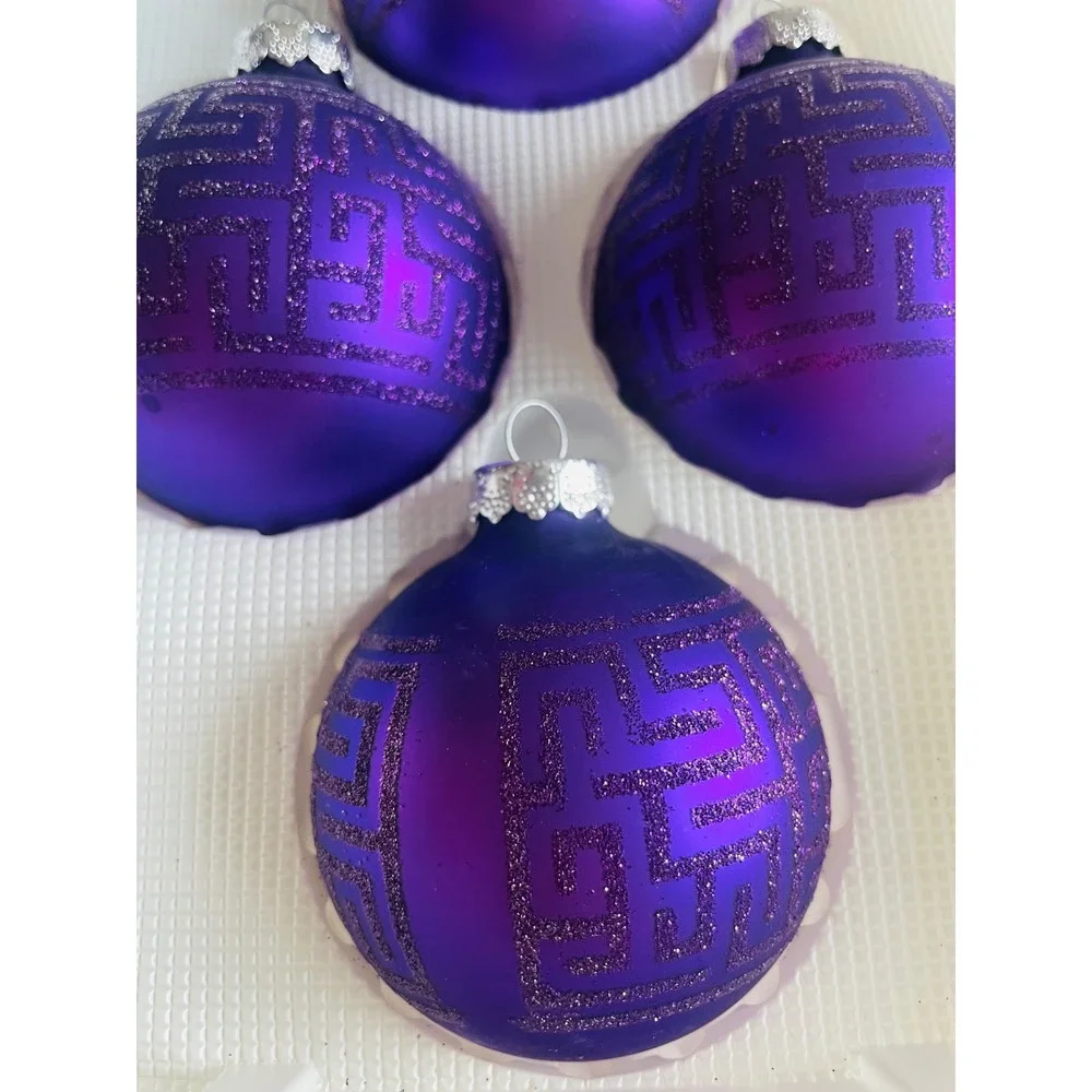 Vintage Christmas by‎ Krebs 4pc Glass Ornaments Purple Maze Pattern Designer 5in